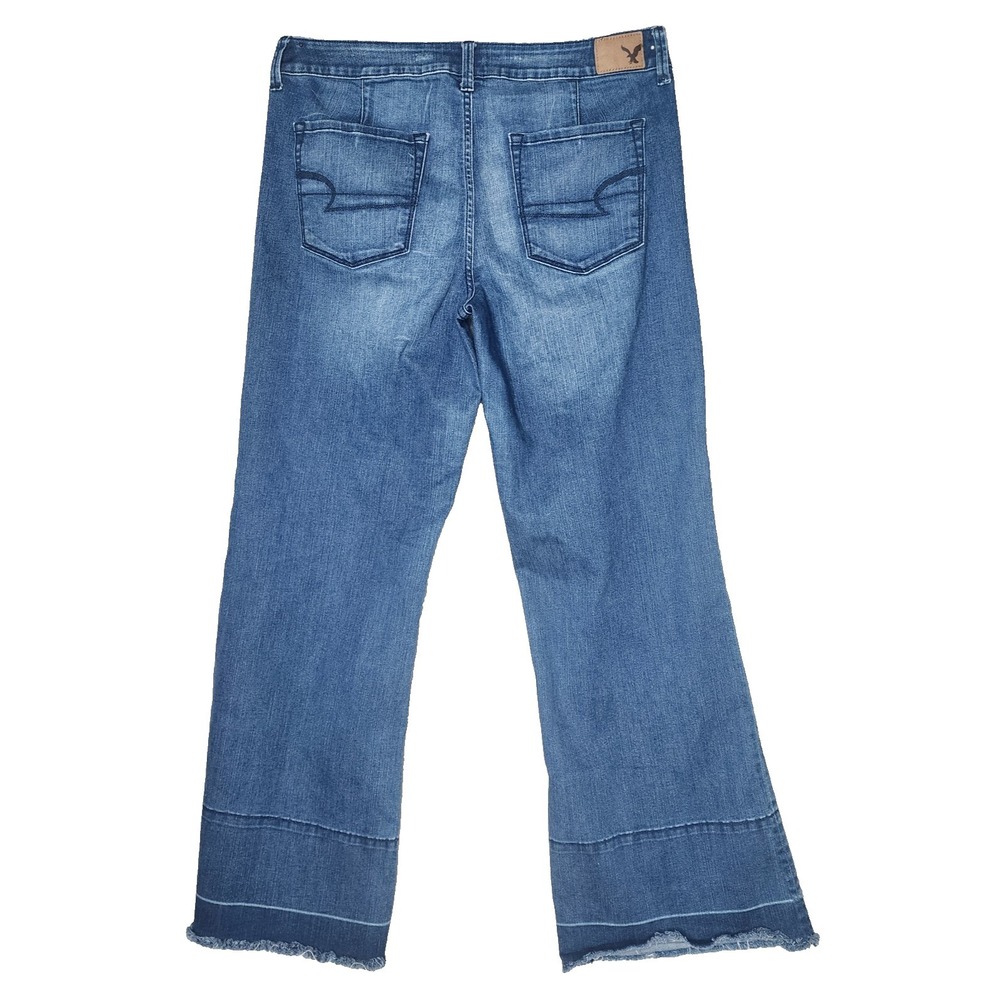 American Eagle Super Hi Rise Flare Jeans Womens Size 12 Blue‎ Frayed Hem - Picture 2 of 8